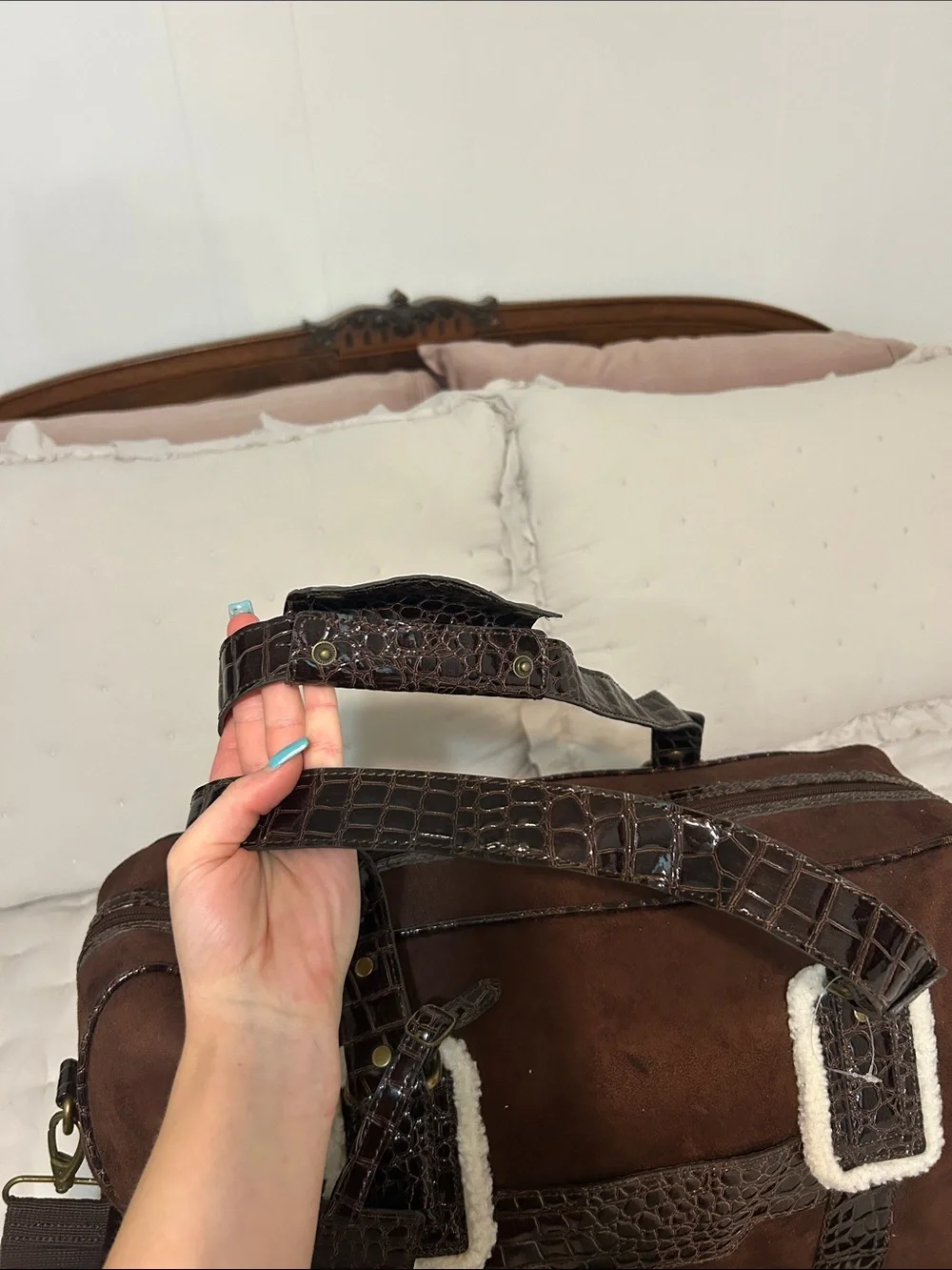 Bath & Body Works Brown Suede Duffel Bag with Croc Trim and White Fur — OS